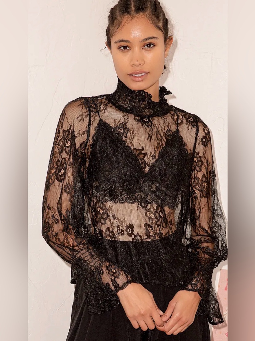 Lulus black sheer mock neck lace long sleeve top M